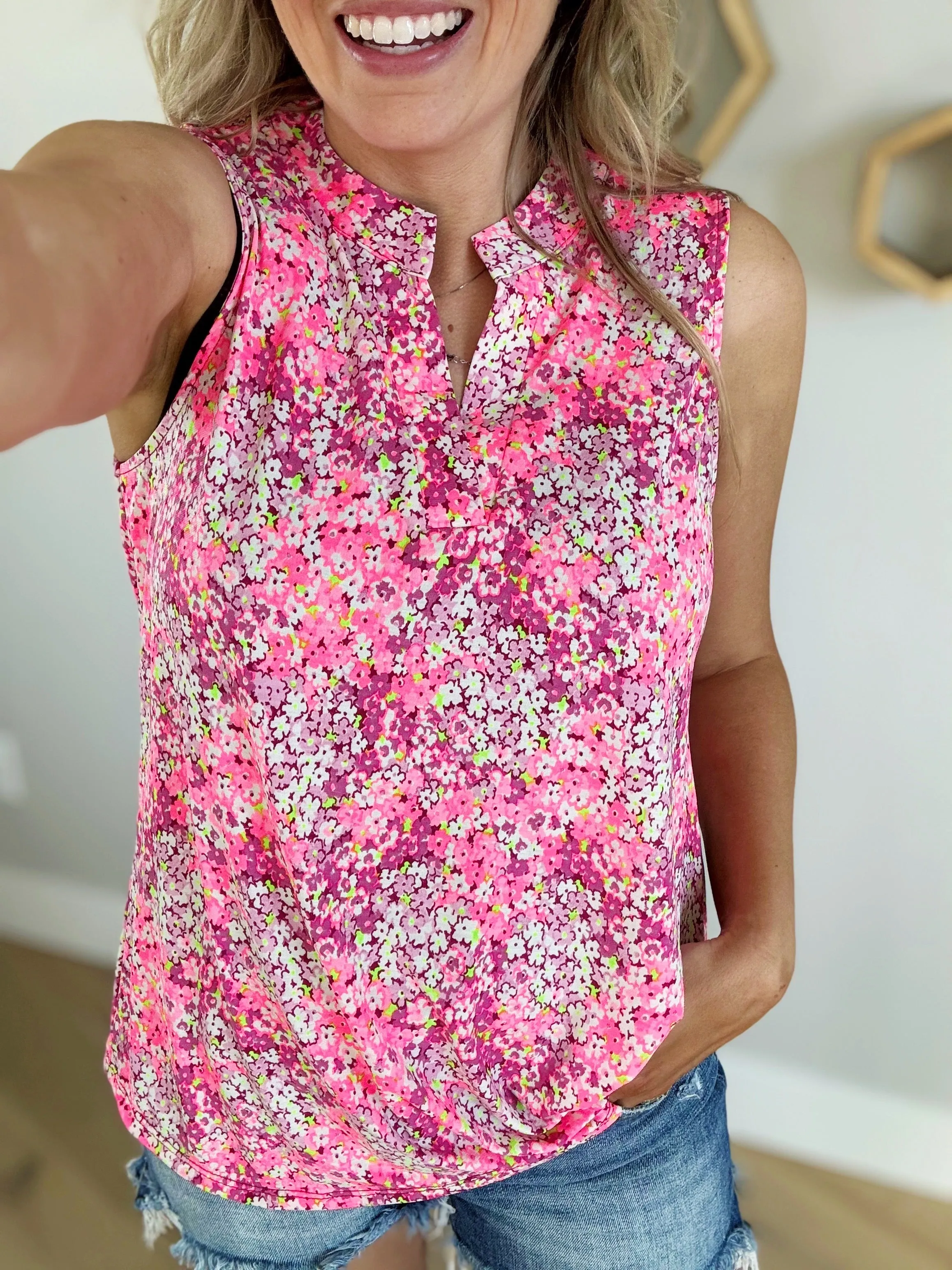 Get Up and Go Wrinkle Free Floral Tank in Pink