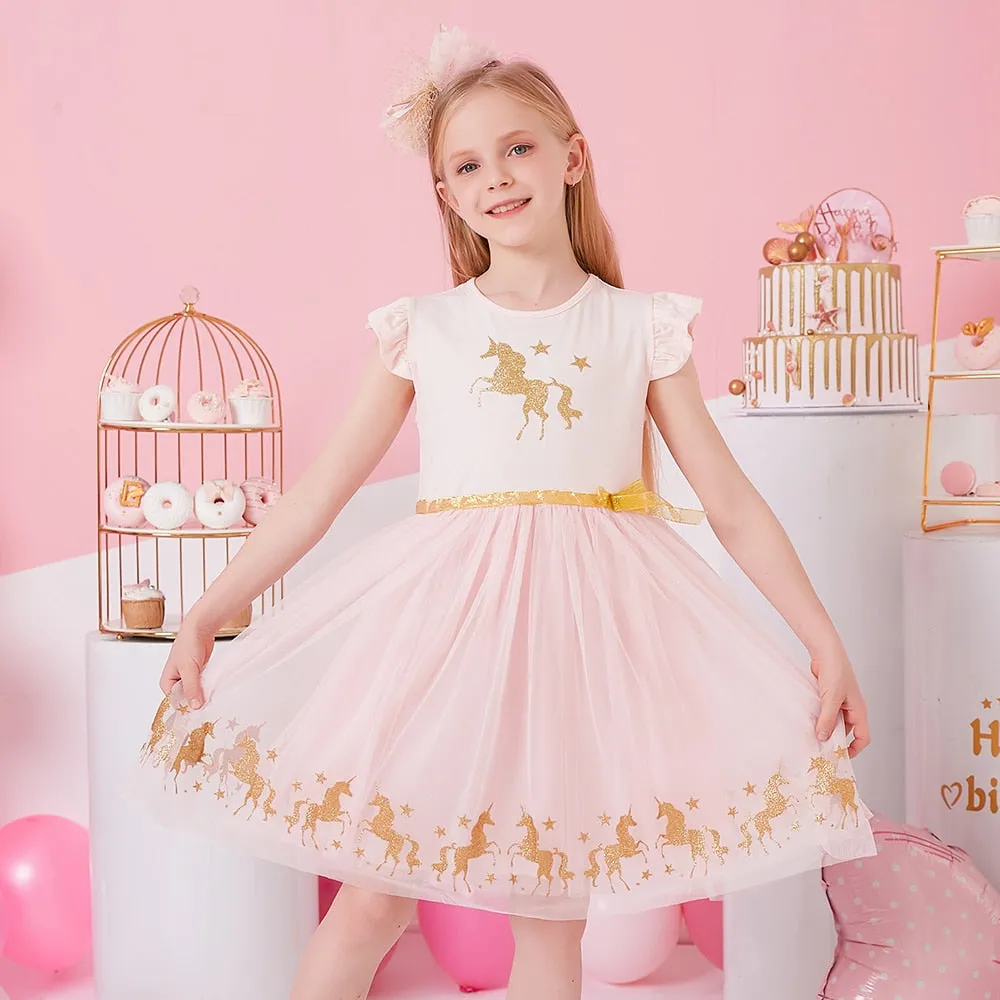 Girls Clothes for Summer Princess Dresses Kids Flare Sleeve Unicorn Print Dress Girls Party Dresses