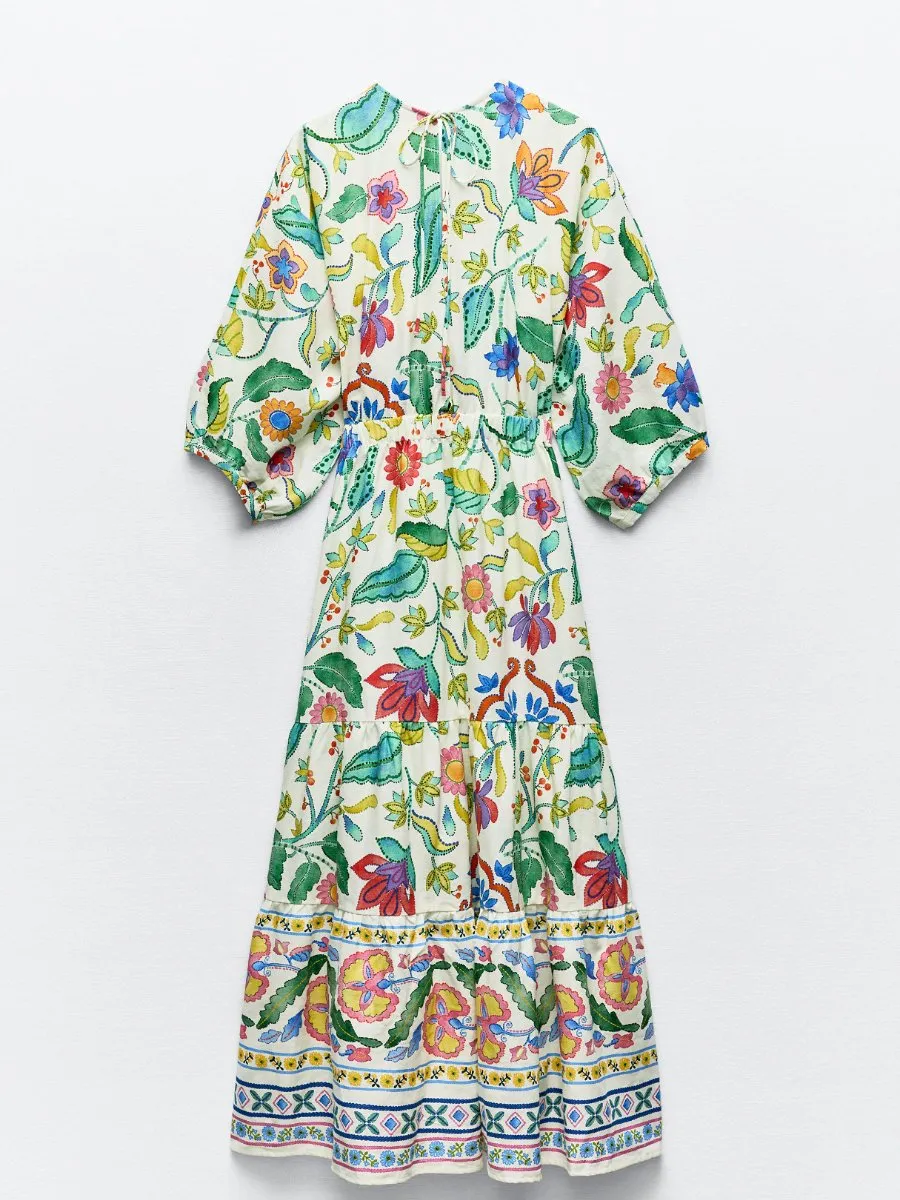 Lantern Sleeve Printed Cutout Dress