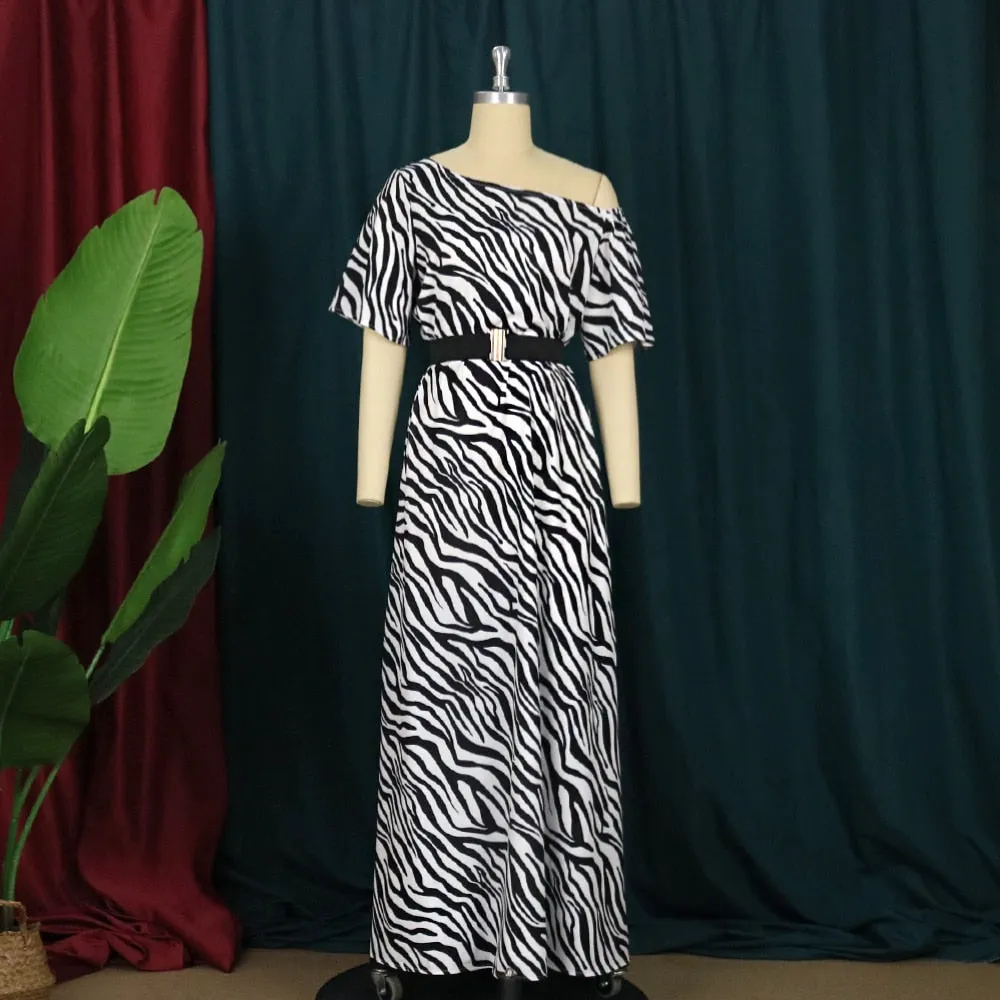 Printed One Shoulder Waist Belt Dress