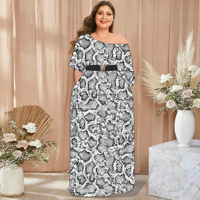 Printed One Shoulder Waist Belt Dress