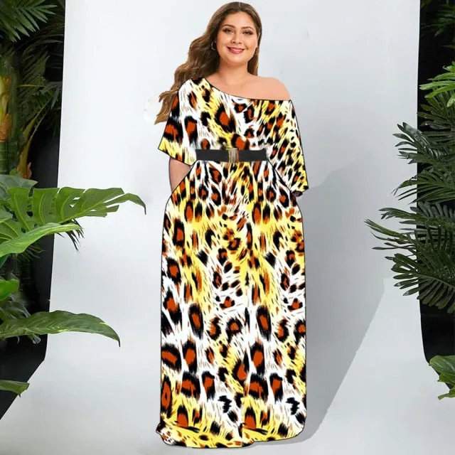 Printed One Shoulder Waist Belt Dress