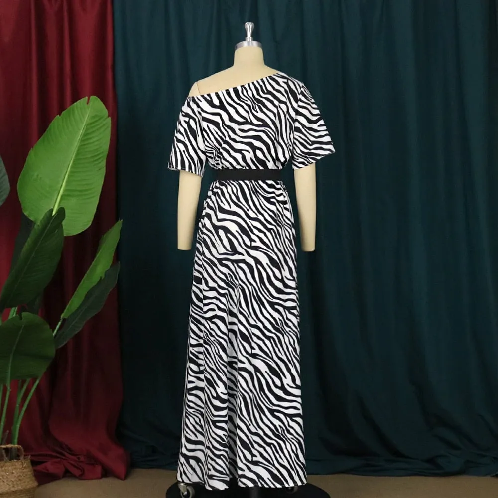 Printed One Shoulder Waist Belt Dress