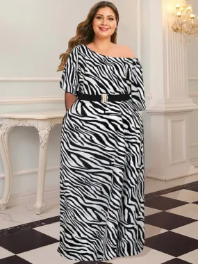 Printed One Shoulder Waist Belt Dress