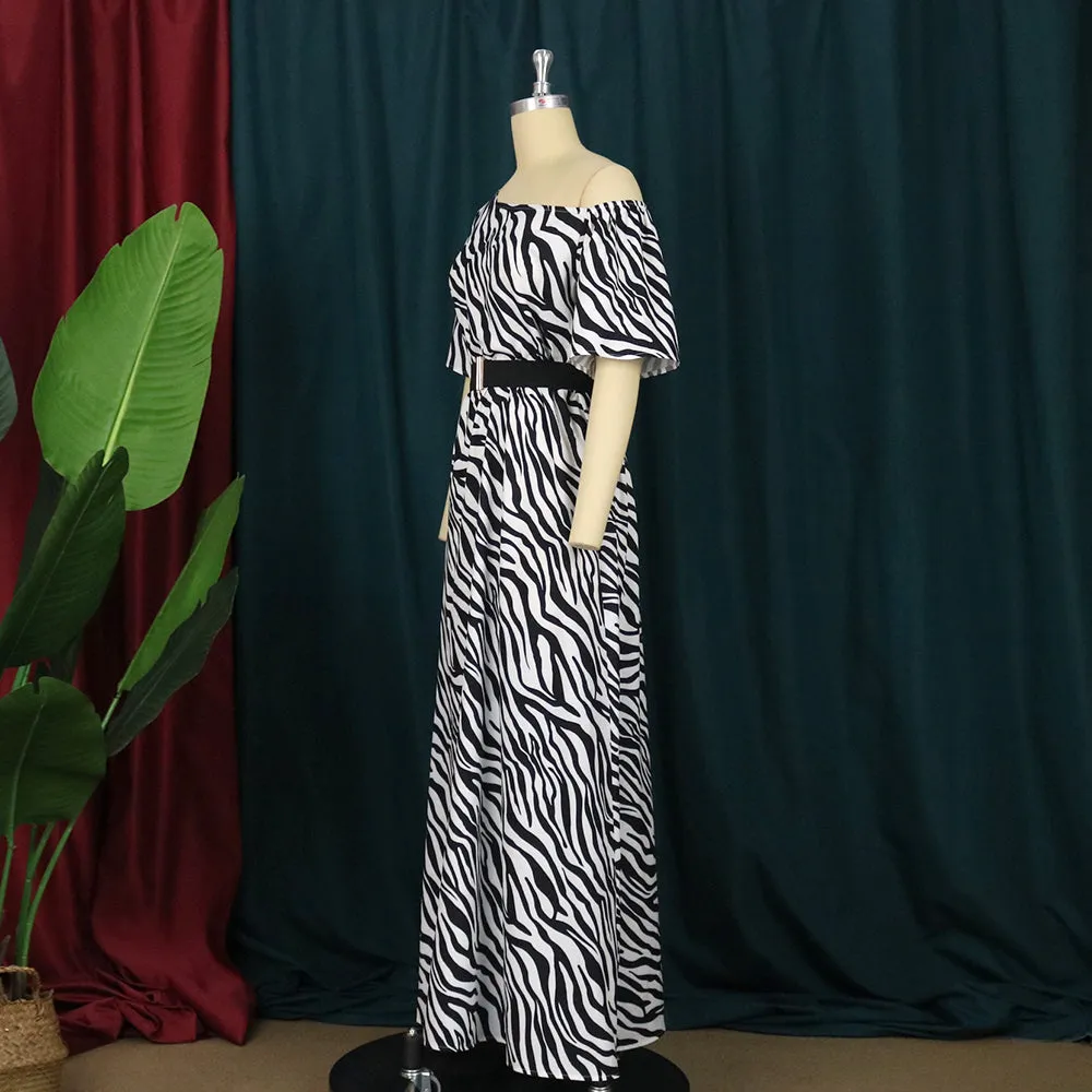 Printed One Shoulder Waist Belt Dress