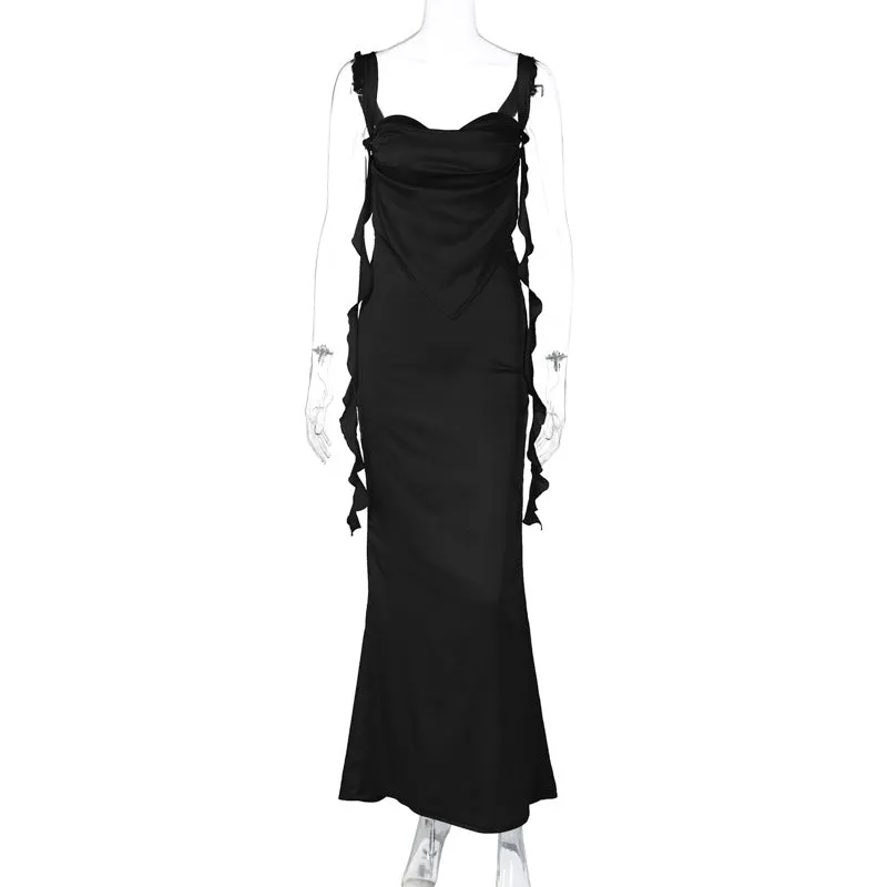 Ruffled Suspender Backless Long Dress 2033
