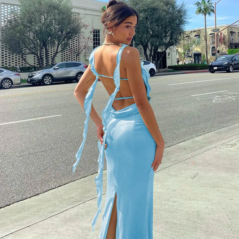 Ruffled Suspender Backless Long Dress 2033