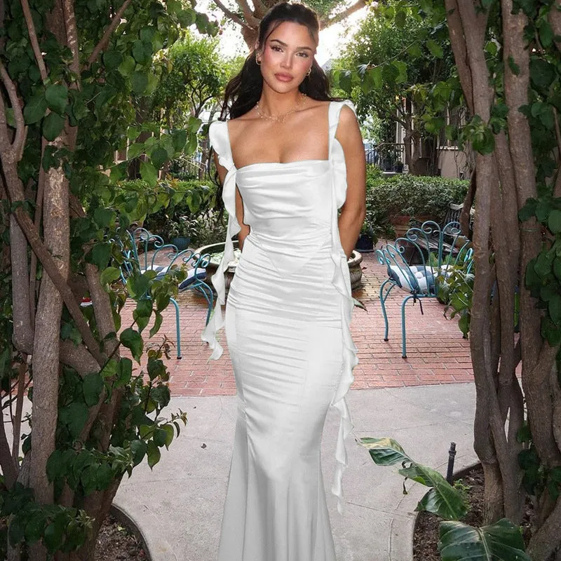 Ruffled Suspender Backless Long Dress 2033