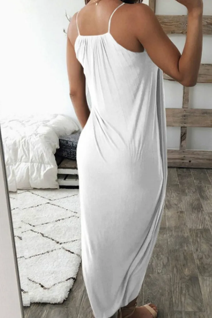 Spaghetti Strap Print Trendy White Knee Length Dress