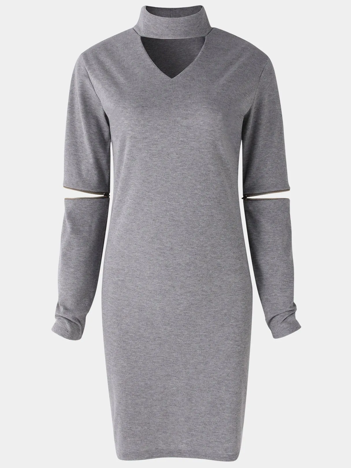 Wholesale Grey Crew Neck Halter Long Sleeve Plain Zip Back Hollow Cut Out Casual Dresses