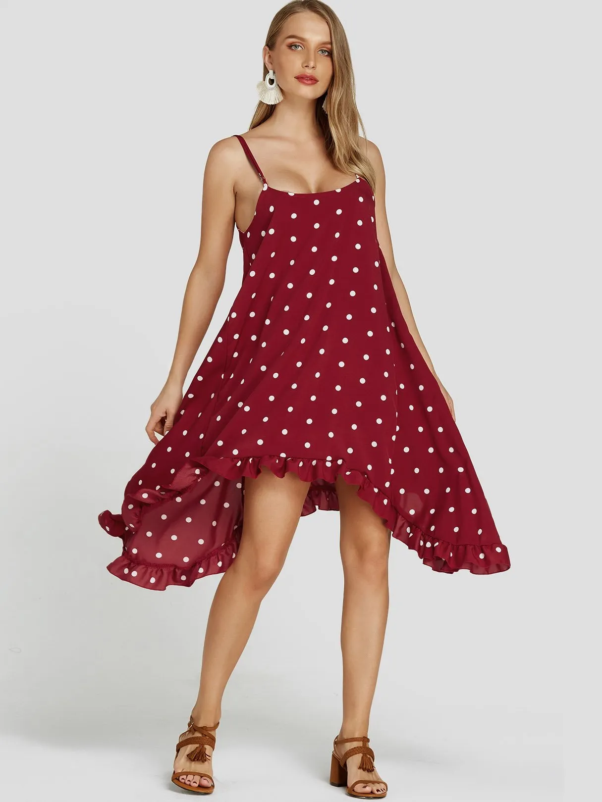 Wholesale Red Sleeveless Polka Dot Spaghetti Strap Flounced Hem Casual Dresses