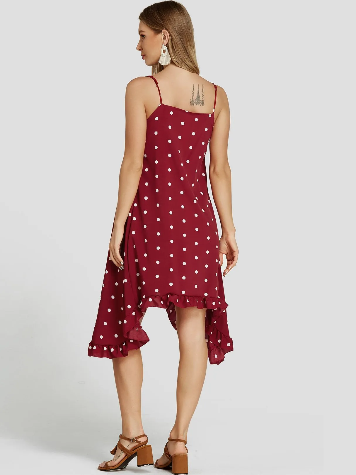 Wholesale Red Sleeveless Polka Dot Spaghetti Strap Flounced Hem Casual Dresses