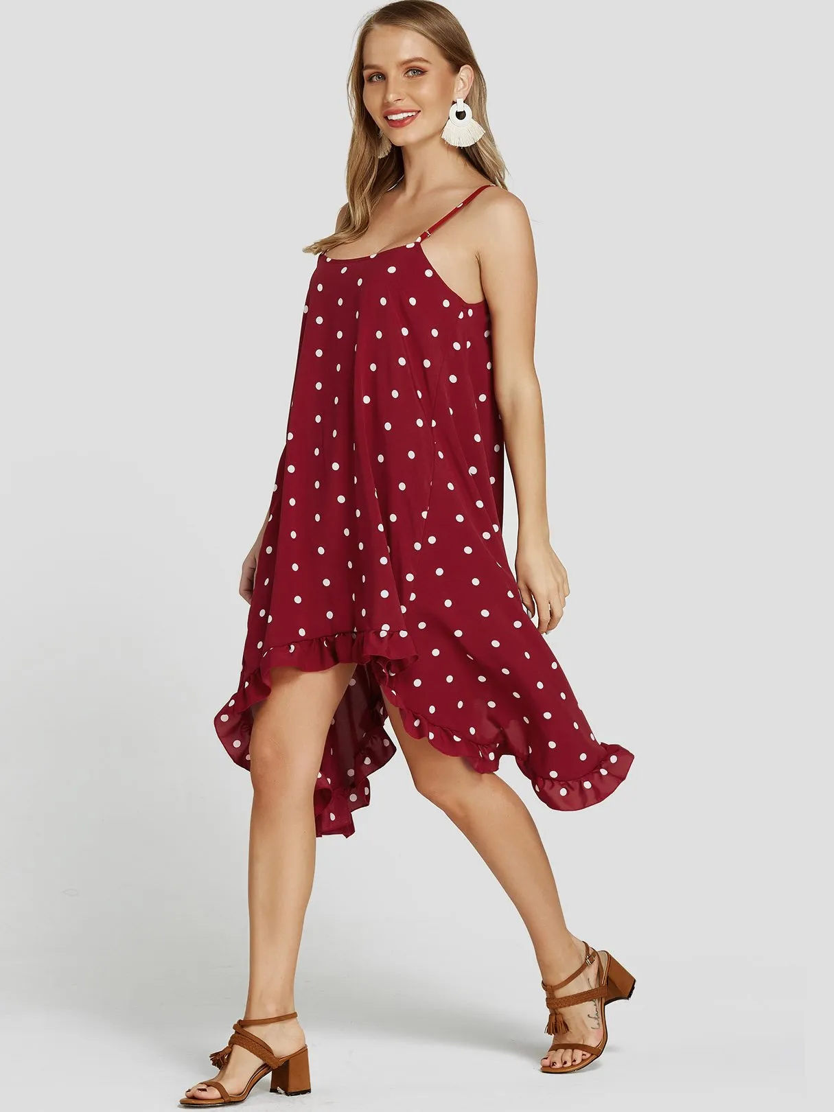 Wholesale Red Sleeveless Polka Dot Spaghetti Strap Flounced Hem Casual Dresses