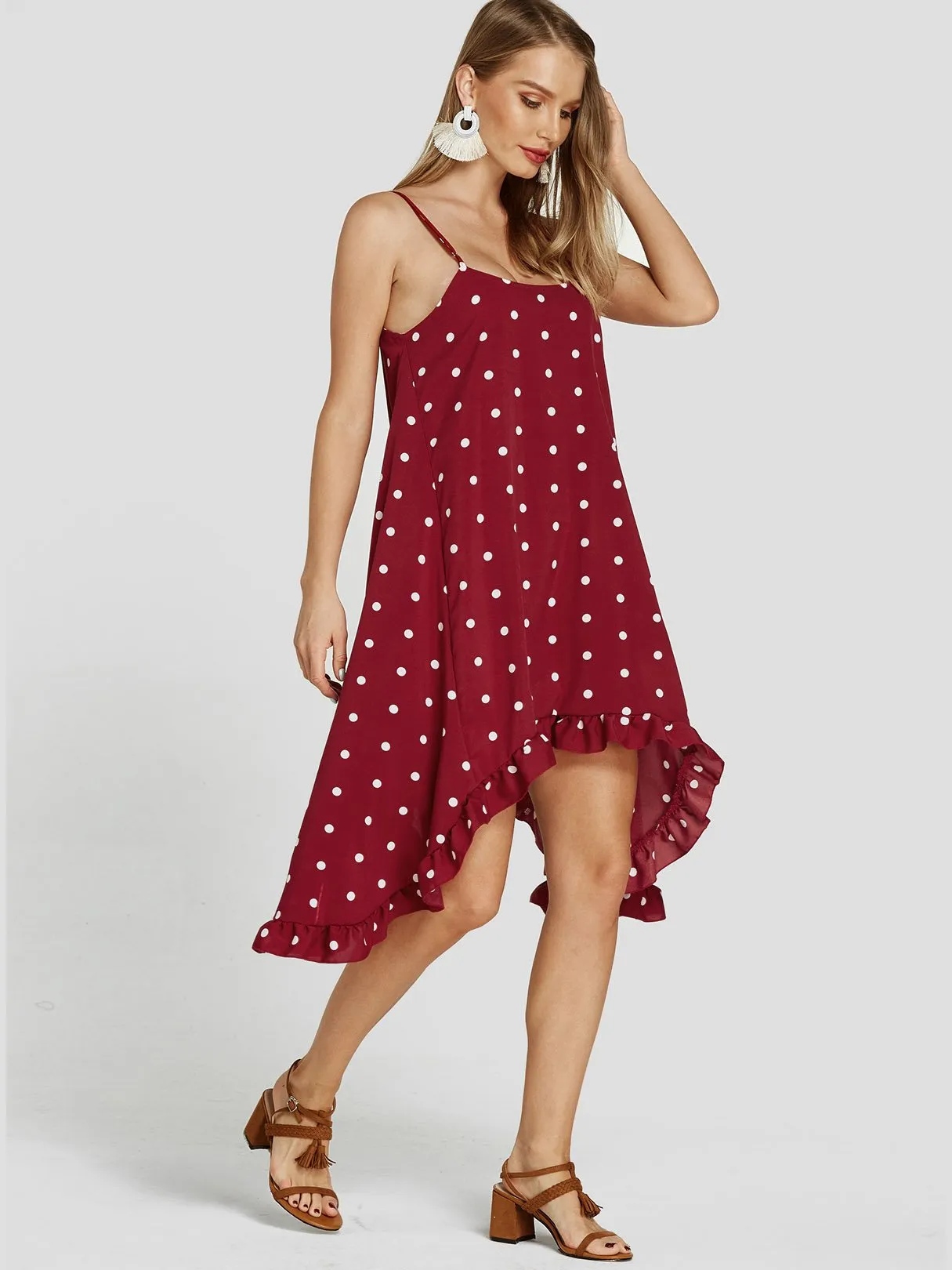 Wholesale Red Sleeveless Polka Dot Spaghetti Strap Flounced Hem Casual Dresses