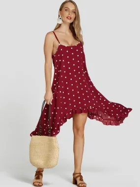 Wholesale Red Sleeveless Polka Dot Spaghetti Strap Flounced Hem Casual Dresses