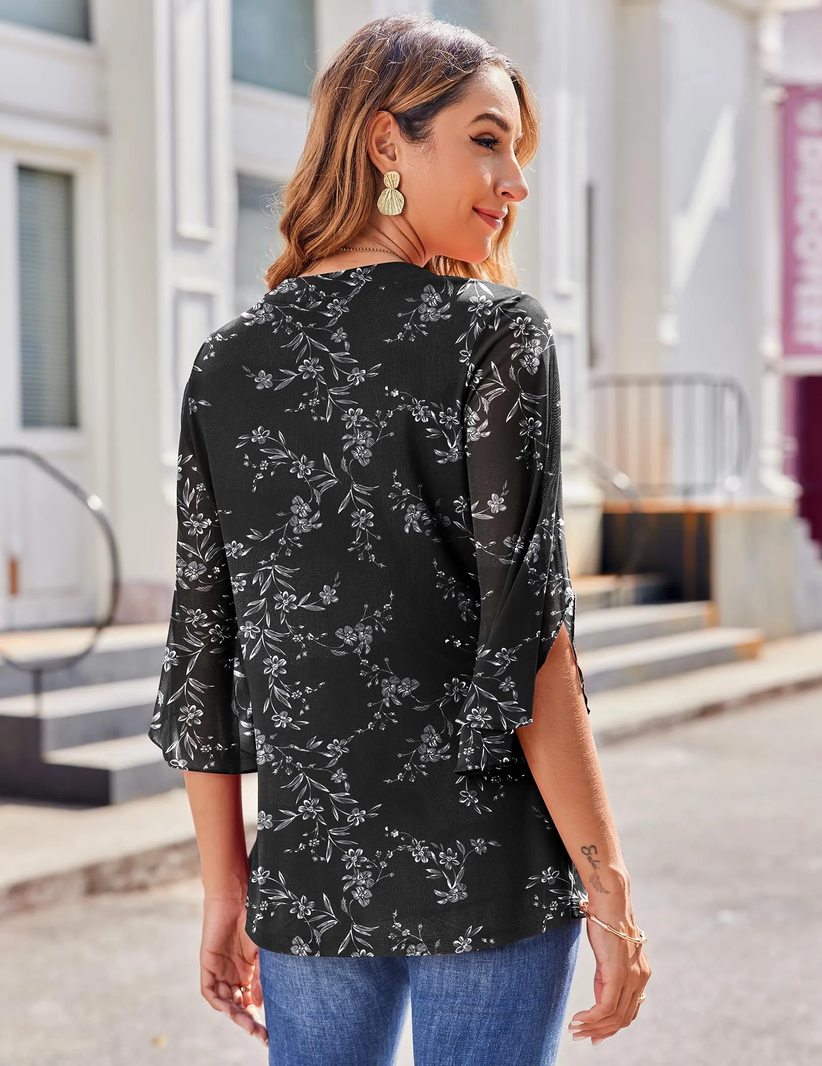 Zeagoo 3/4 Sleeve Ruffle V Neck Flowy Floral Mesh Blouses