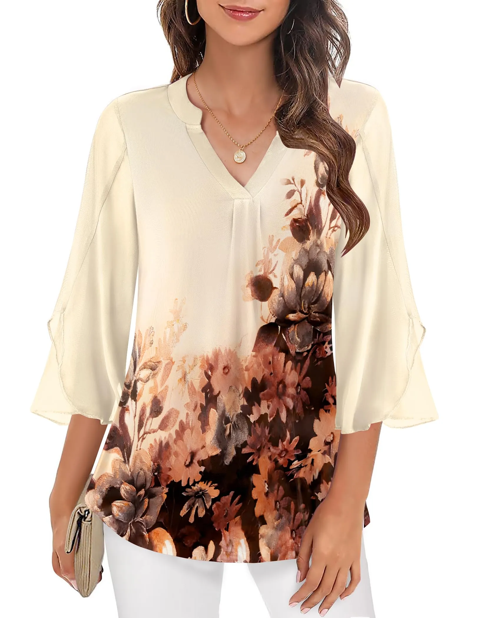 Zeagoo 3/4 Sleeve Ruffle V Neck Flowy Floral Mesh Blouses