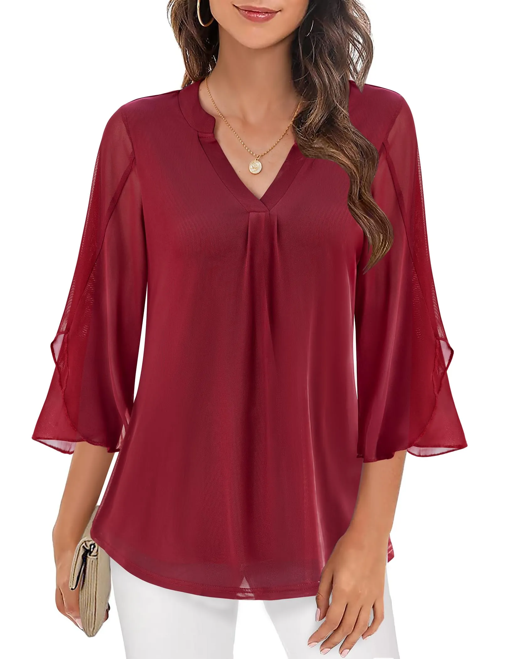 Zeagoo 3/4 Sleeve Ruffle V Neck Flowy Floral Mesh Blouses
