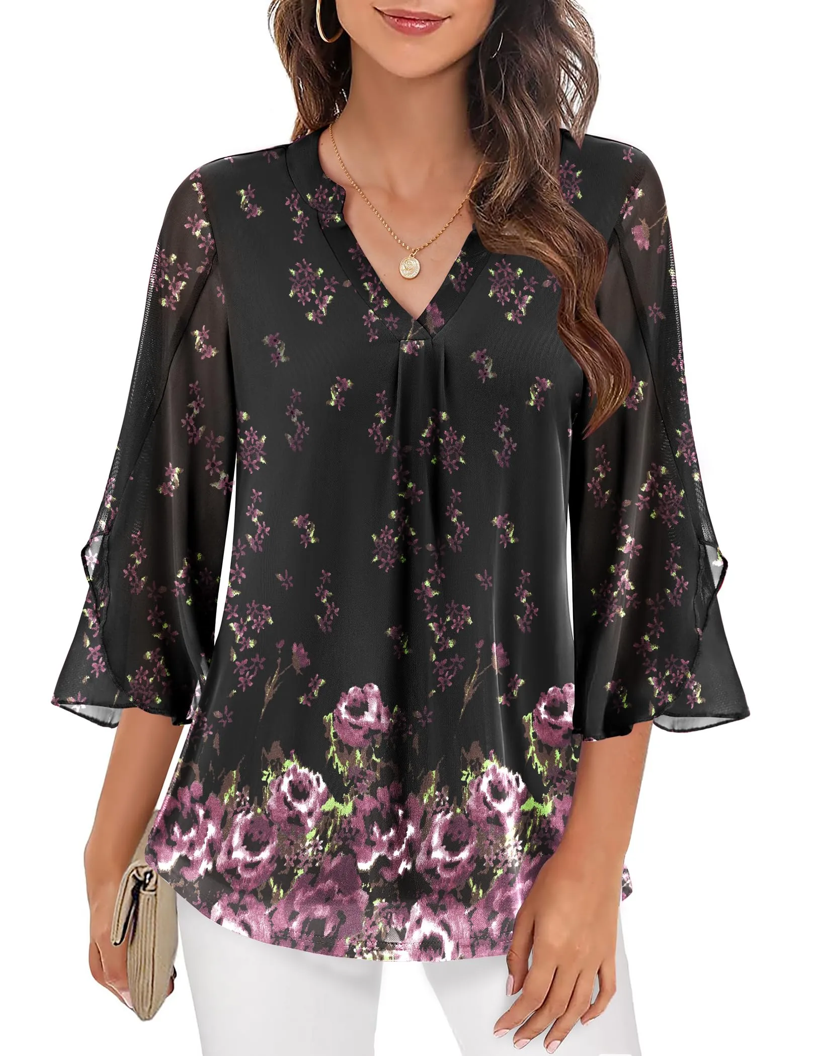 Zeagoo 3/4 Sleeve Ruffle V Neck Flowy Floral Mesh Blouses
