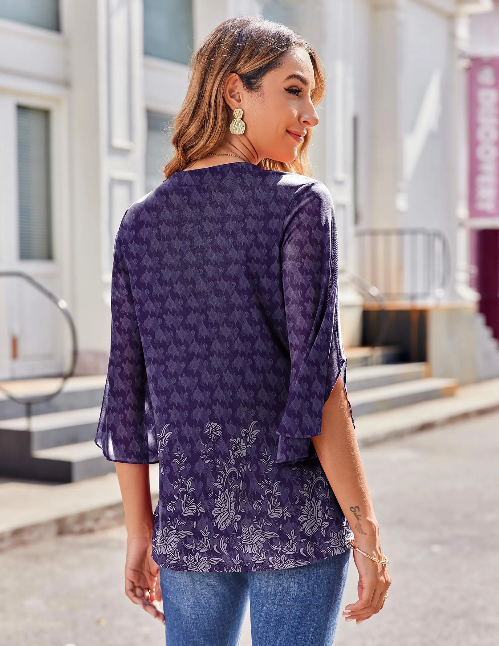Zeagoo 3/4 Sleeve Ruffle V Neck Flowy Floral Mesh Blouses