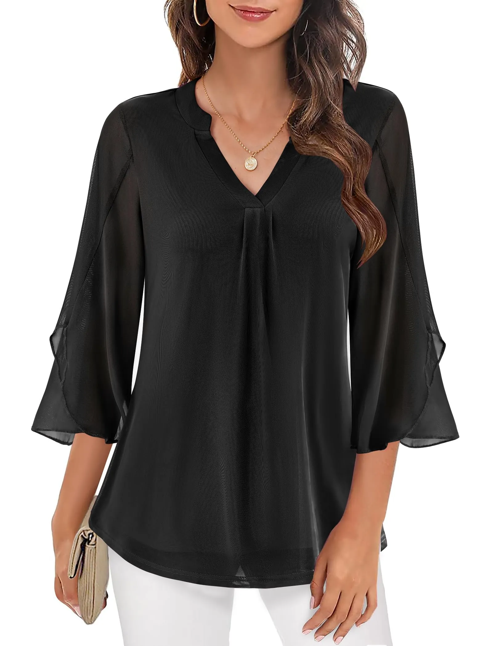 Zeagoo 3/4 Sleeve Ruffle V Neck Flowy Floral Mesh Blouses