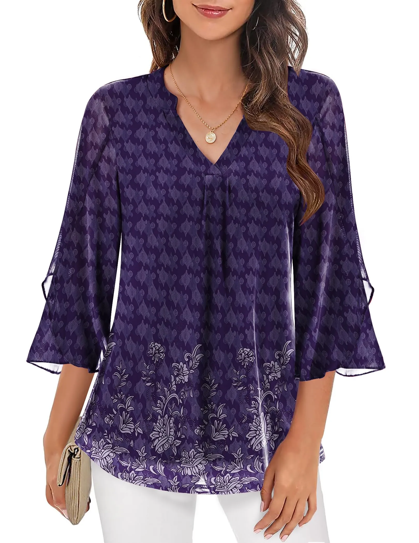 Zeagoo 3/4 Sleeve Ruffle V Neck Flowy Floral Mesh Blouses