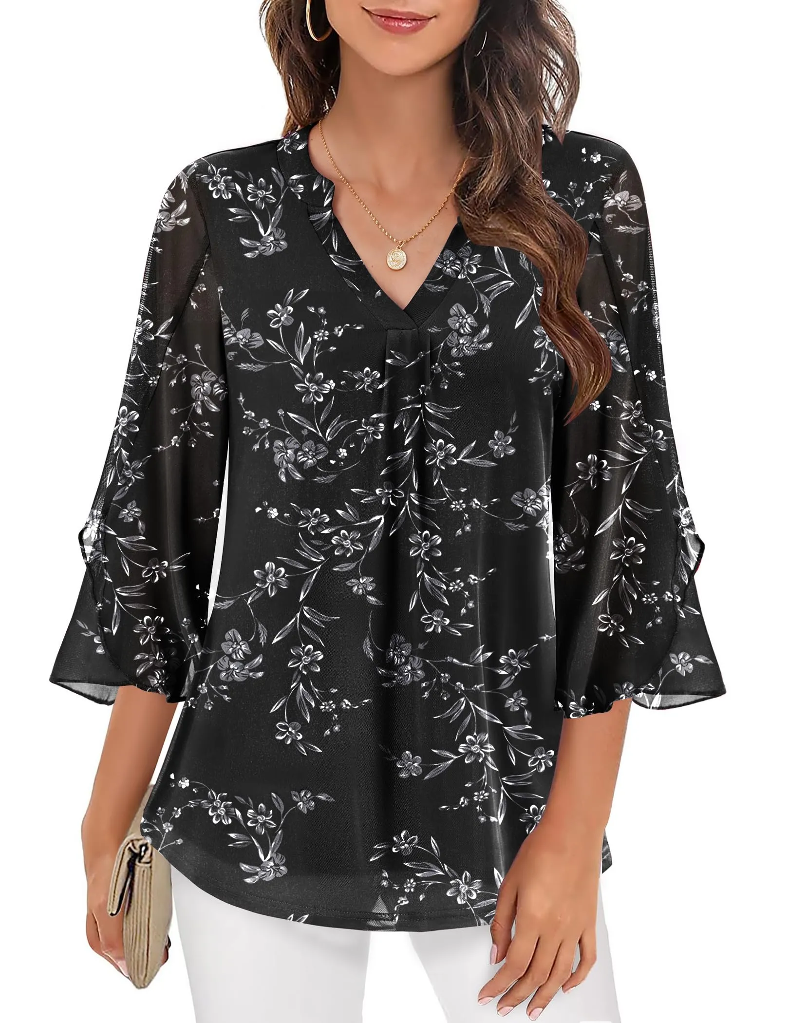 Zeagoo 3/4 Sleeve Ruffle V Neck Flowy Floral Mesh Blouses