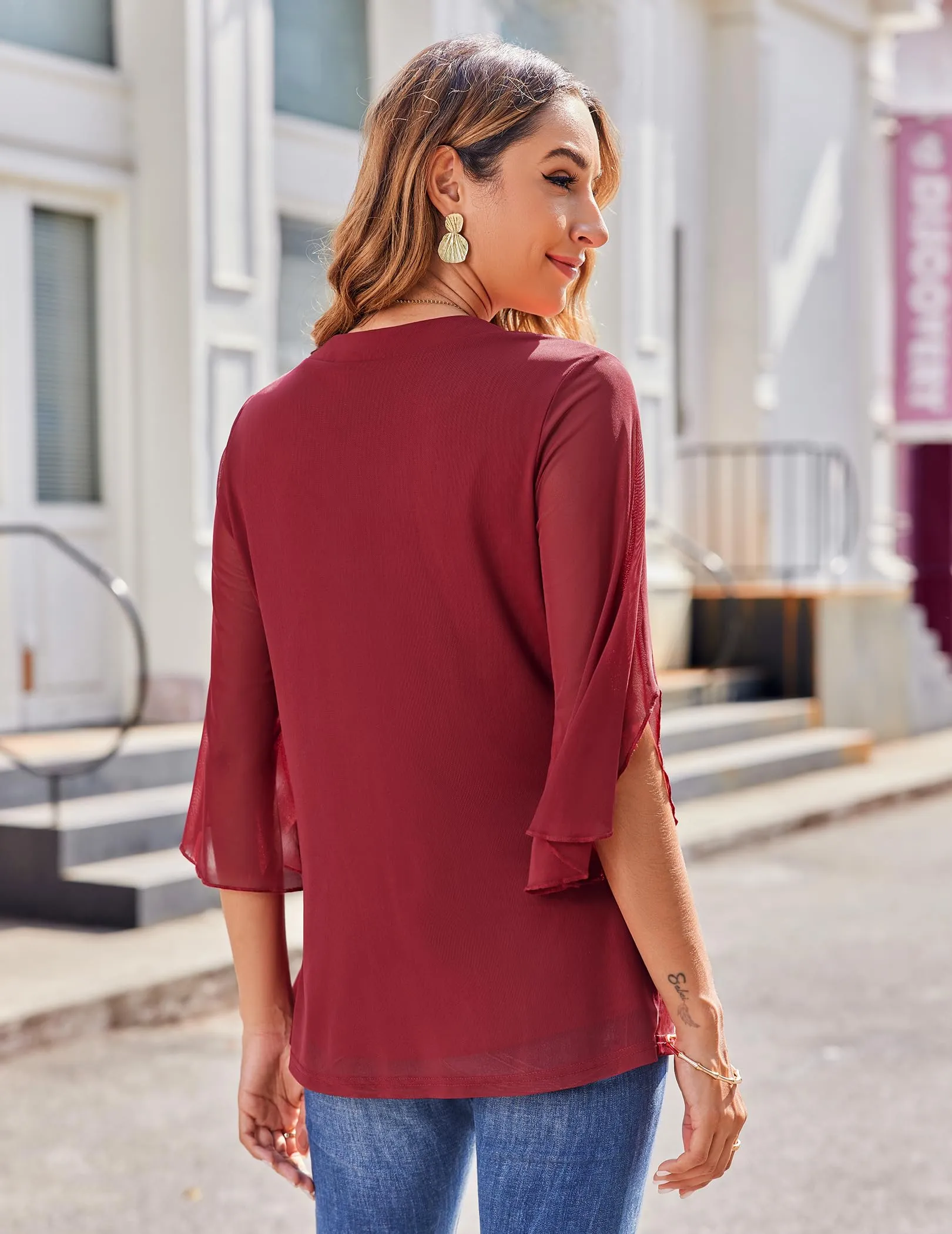 Zeagoo 3/4 Sleeve Ruffle V Neck Flowy Floral Mesh Blouses